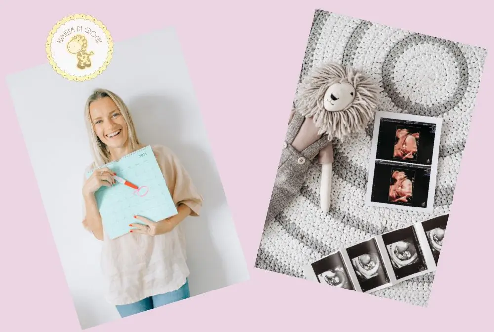 imagem de mulher sorrindo segurando o teste de gravidez do lado esquerdo, ido lado direito fotos de ultrassom de bebe